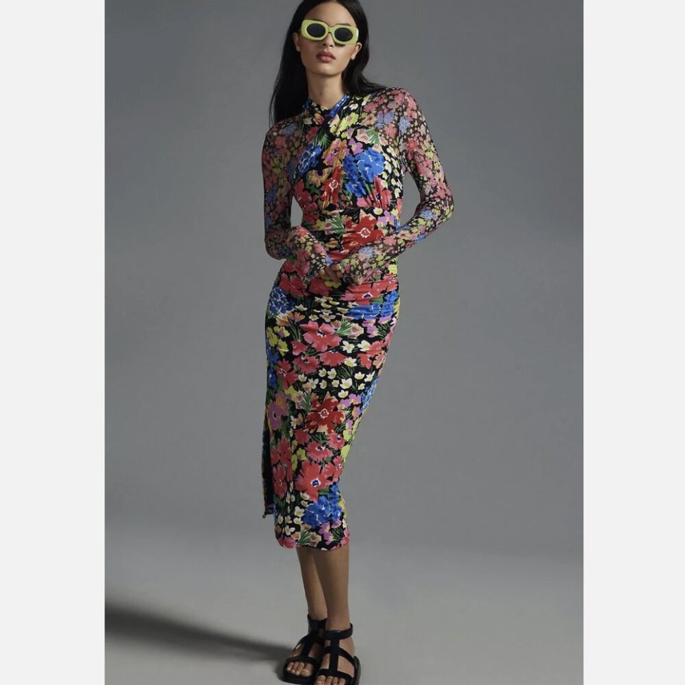 Anthropologie Floral Multicolor Mesh Halter Mock-Neck Dress